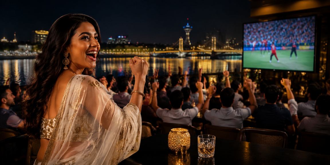 Ahmedabad riverfront with vibrant casino and cricket betting ambiance