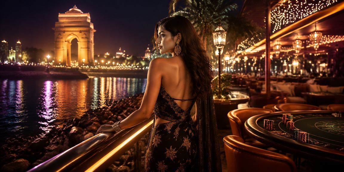 Night market near India Gate with vibrant casino and betting lights