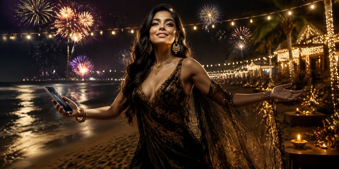 Live casino dealer hosting games with vibrant festival lights
