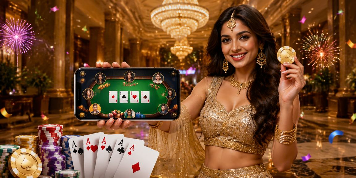 Young woman playing Teen Patti with festive attire in India