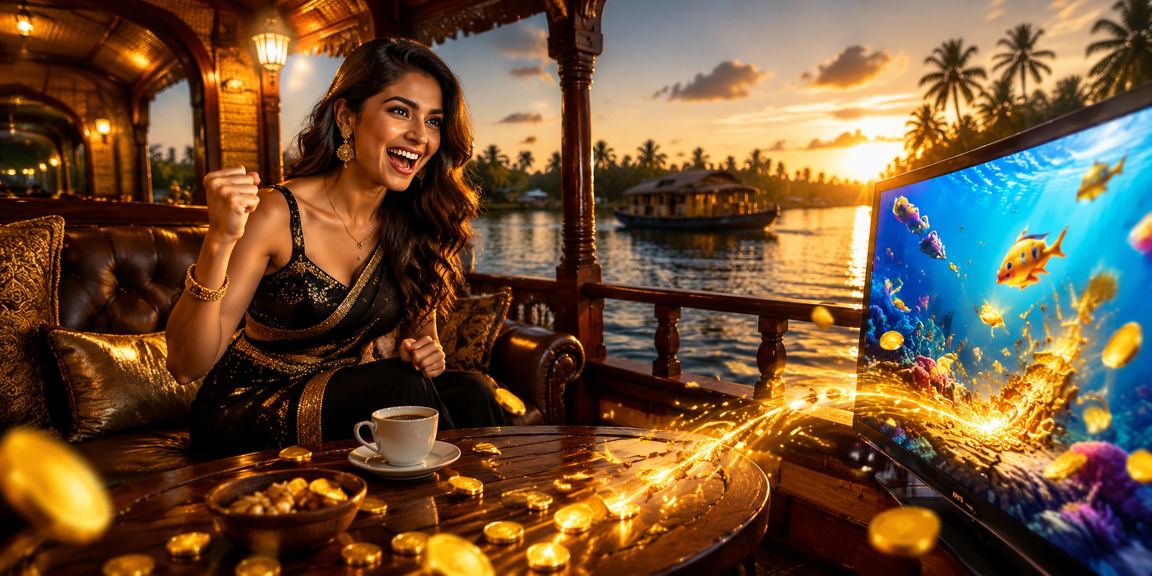 Kerala backwaters fishing game scene with Indian player
